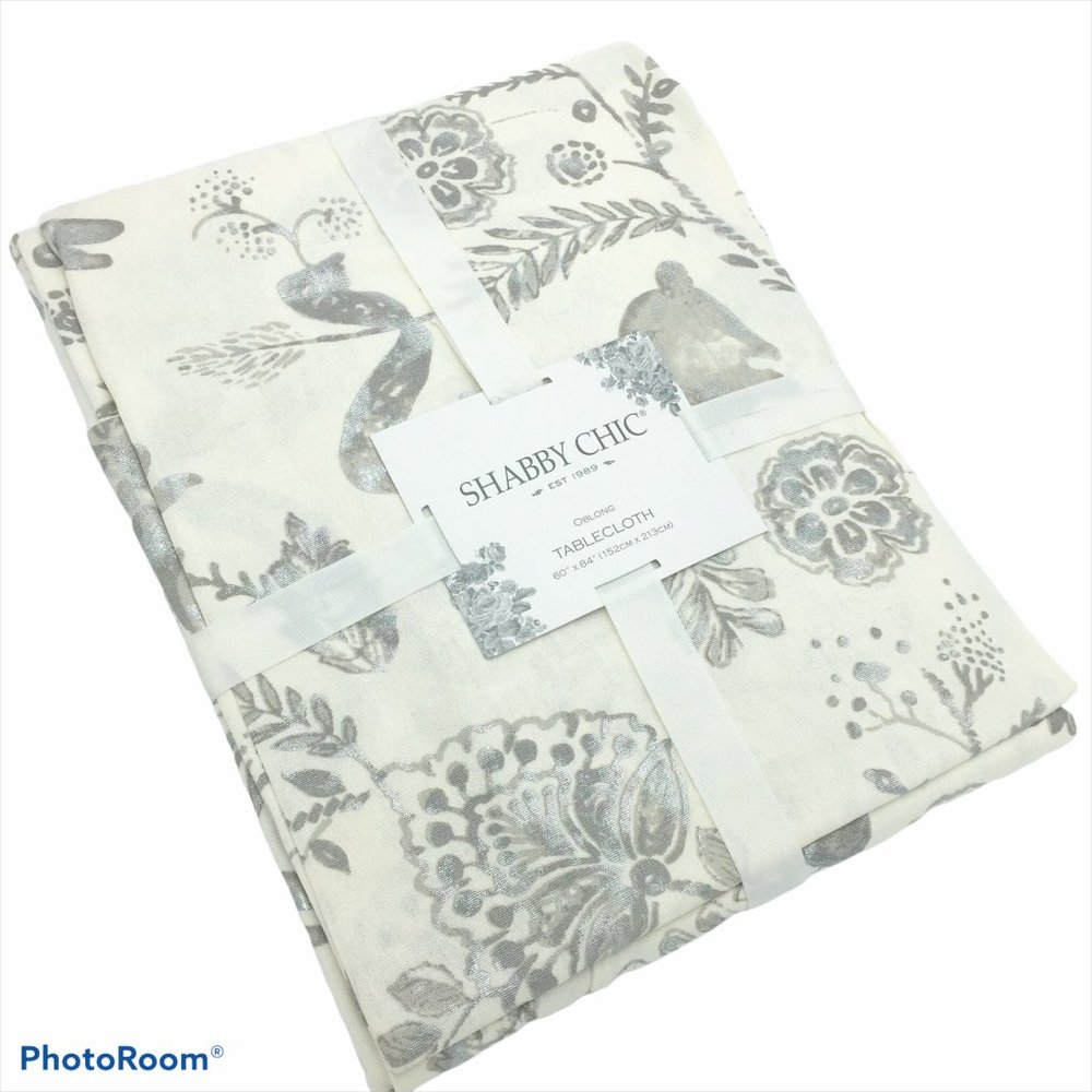 NEW Shabby Chic Silver Easter Bunny Tablecloth 60 x 84 Oblong Cottagecore